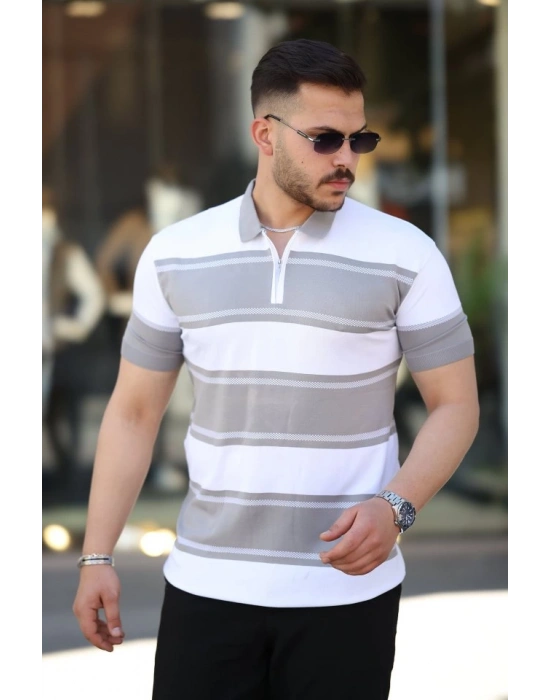 Erkek Yakalı Fermuarlı çift Renk Kısa Kollu Tshirt