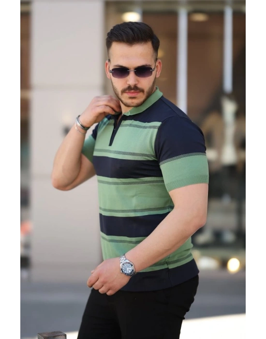 Erkek Yakalı Fermuarlı çift Renk Kısa Kollu Tshirt