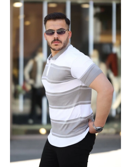 Erkek Yakalı Fermuarlı çift Renk Kısa Kollu Tshirt