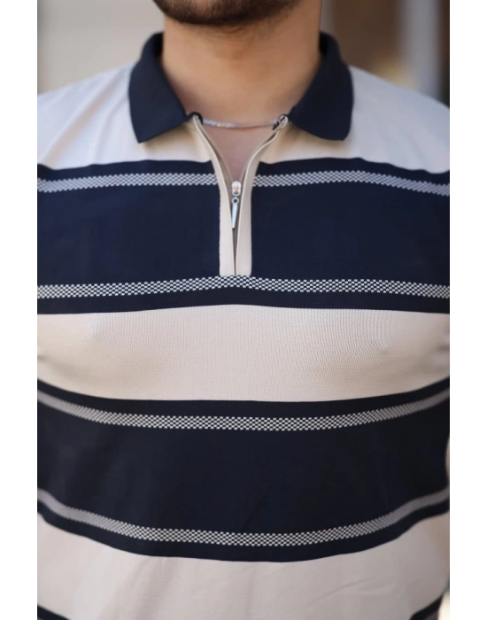 Erkek Yakalı Fermuarlı çift Renk Kısa Kollu Tshirt