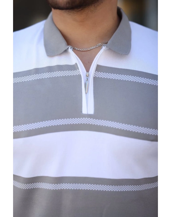 Erkek Yakalı Fermuarlı çift Renk Kısa Kollu Tshirt