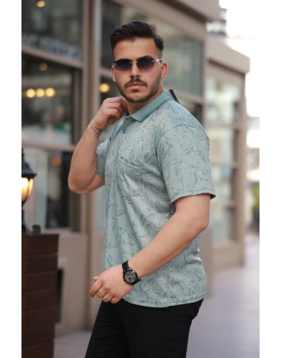 Erkek Yakalı Jakar Baskılı Kısa Kollu Tshirt