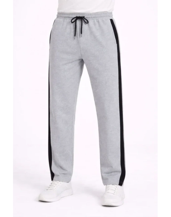 Erkek Yandan Şeritli Boru Paça Eşofman Altı 3 Iplik Pamuklu Eşofman  Gri