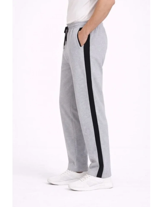 Erkek Yandan Şeritli Boru Paça Eşofman Altı 3 Iplik Pamuklu Eşofman  Gri