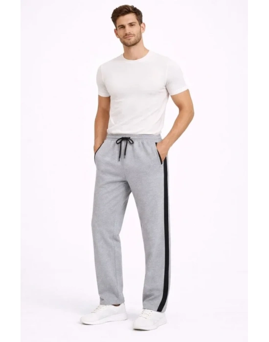 Erkek Yandan Şeritli Boru Paça Eşofman Altı 3 Iplik Pamuklu Eşofman  Gri