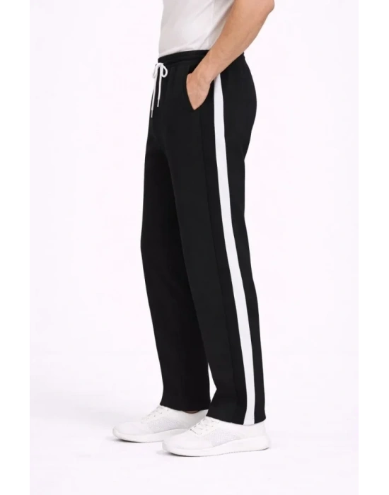 Erkek Yandan Şeritli Boru Paça Eşofman Altı 3 Iplik Pamuklu Eşofman  iyah