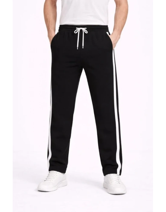 Erkek Yandan Şeritli Boru Paça Eşofman Altı 3 Iplik Pamuklu Eşofman  iyah