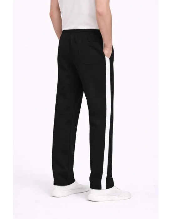 Erkek Yandan Şeritli Boru Paça Eşofman Altı 3 Iplik Pamuklu Eşofman  iyah