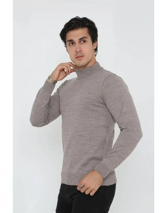 Erkek Yarım Balıkçı Yaka Triko Kazak  Açık Kahverengi