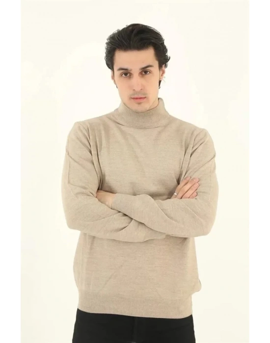 Erkek Yarım Balıkçı Yaka Triko Kazak  Bej