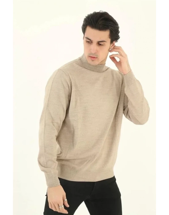 Erkek Yarım Balıkçı Yaka Triko Kazak  Bej