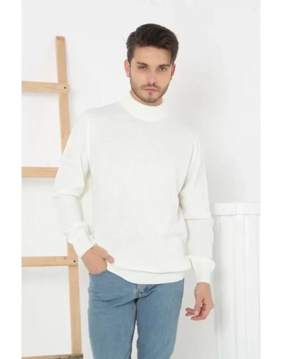 Erkek Yarım Balıkçı Yaka Triko Kazak  Beyaz