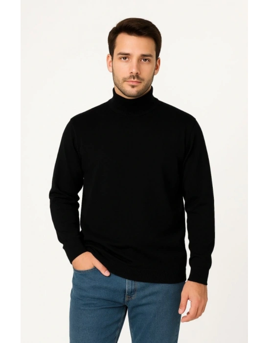 Erkek Yarım Boğaz Triko Kazak Yumuşak Dokulu Pamuklu Ince Dokuma, Uzun Kollu Rahat Regular Kalıp  iyah