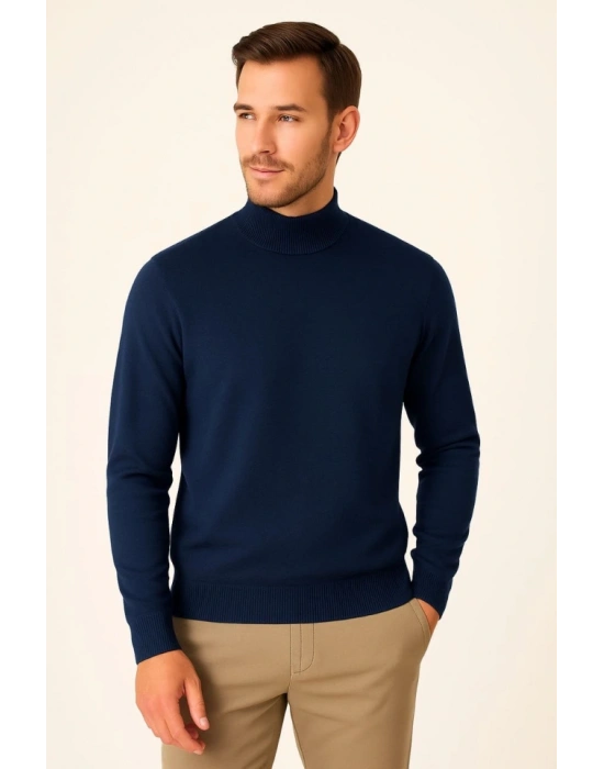 Erkek Yarım Boğaz Triko Kazak Yumuşak Dokulu Pamuklu Ince Dokuma, Uzun Kollu Rahat Regular Kalıp  acivert