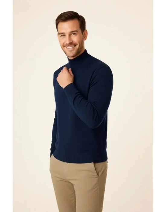 Erkek Yarım Boğaz Triko Kazak Yumuşak Dokulu Pamuklu Ince Dokuma, Uzun Kollu Rahat Regular Kalıp  acivert