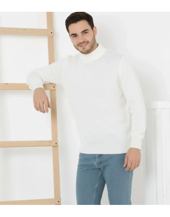 Erkek Yarım Boğaz Triko Kazak Yumuşak Dokulu Pamuklu Ince Dokuma, Uzun Kollu Rahat Regular Kalıp  Beyaz