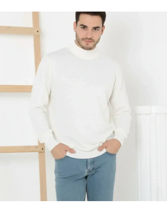 Erkek Yarım Boğaz Triko Kazak Yumuşak Dokulu Pamuklu Ince Dokuma, Uzun Kollu Rahat Regular Kalıp  Beyaz