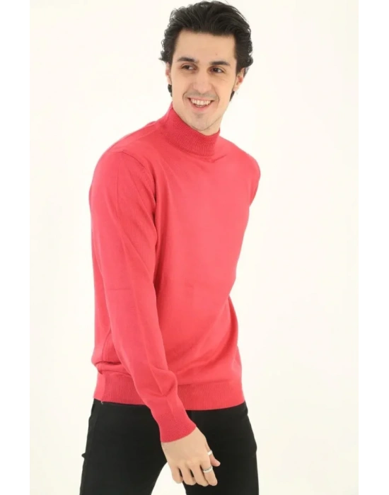 Erkek Yarım Boğaz Triko Kazak Yumuşak Dokulu Pamuklu Ince Dokuma, Uzun Kollu Rahat Regular Kalıp  Pembe