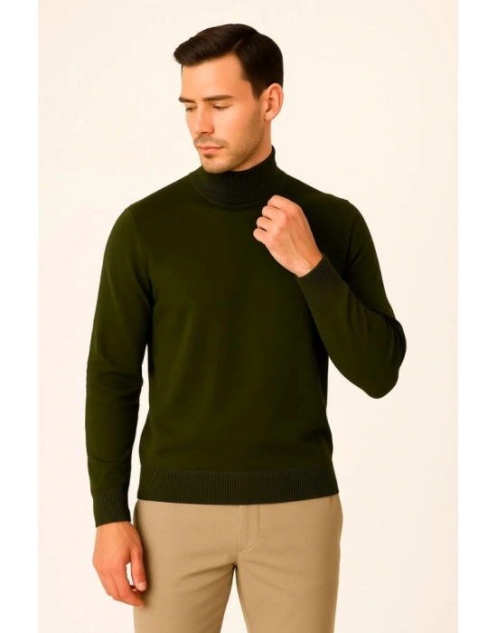 Erkek Yarım Boğaz Triko Kazak Yumuşak Dokulu Pamuklu Ince Dokuma, Uzun Kollu Rahat Regular Kalıp  Haki