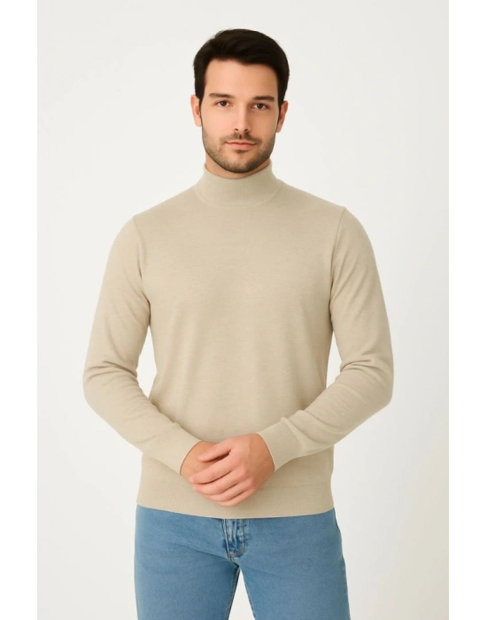 Erkek Yarım Boğaz Triko Kazak Yumuşak Dokulu Pamuklu Ince Dokuma, Uzun Kollu Rahat Regular Kalıp  Bej