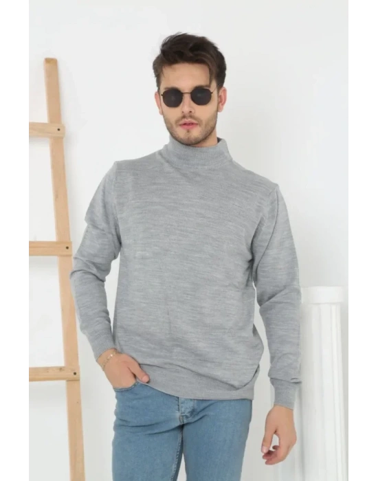 Erkek Yarım Boğaz Triko Kazak Yumuşak Dokulu Pamuklu Ince Dokuma, Uzun Kollu Rahat Regular Kalıp  Gri
