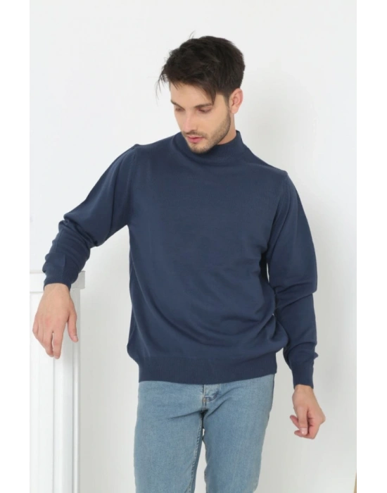 Erkek Yarım Boğaz Triko Kazak Yumuşak Dokulu Pamuklu Ince Dokuma, Uzun Kollu Rahat Regular Kalıp  İndigo