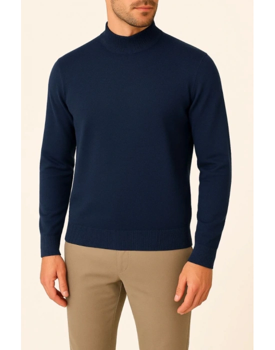 Erkek Yarım Boğaz Triko Kazak Yumuşak Dokulu Pamuklu Ince Dokuma, Uzun Kollu Rahat Regular Kalıp  acivert