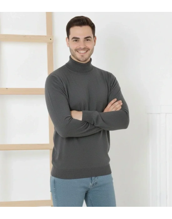 Erkek Yarım Boğaz Triko Kazak Yumuşak Dokulu Pamuklu Ince Dokuma, Uzun Kollu Rahat Regular Kalıp  Füme