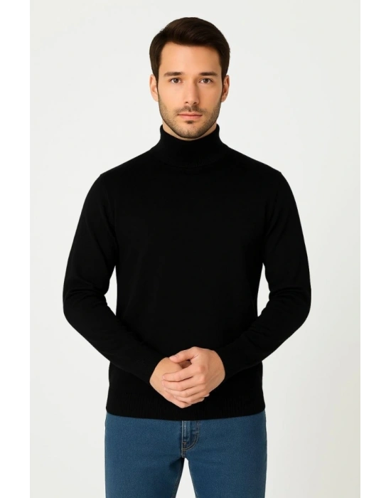 Erkek Yarım Boğaz Triko Kazak Yumuşak Dokulu Pamuklu Ince Dokuma, Uzun Kollu Rahat Regular Kalıp  iyah