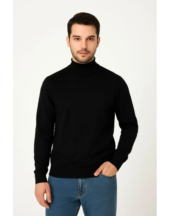 Erkek Yarım Boğaz Triko Kazak Yumuşak Dokulu Pamuklu Ince Dokuma, Uzun Kollu Rahat Regular Kalıp  iyah