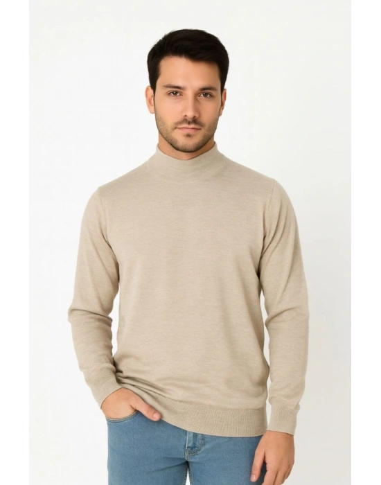 Erkek Yarım Boğaz Triko Kazak Yumuşak Dokulu Pamuklu Ince Dokuma, Uzun Kollu Rahat Regular Kalıp  Bej