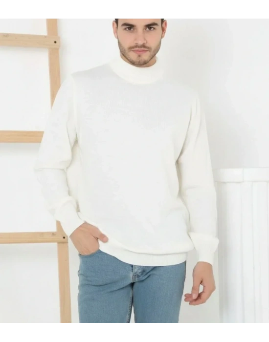 Erkek Yarım Boğaz Triko Kazak Yumuşak Dokulu Pamuklu Ince Dokuma, Uzun Kollu Rahat Regular Kalıp  Beyaz