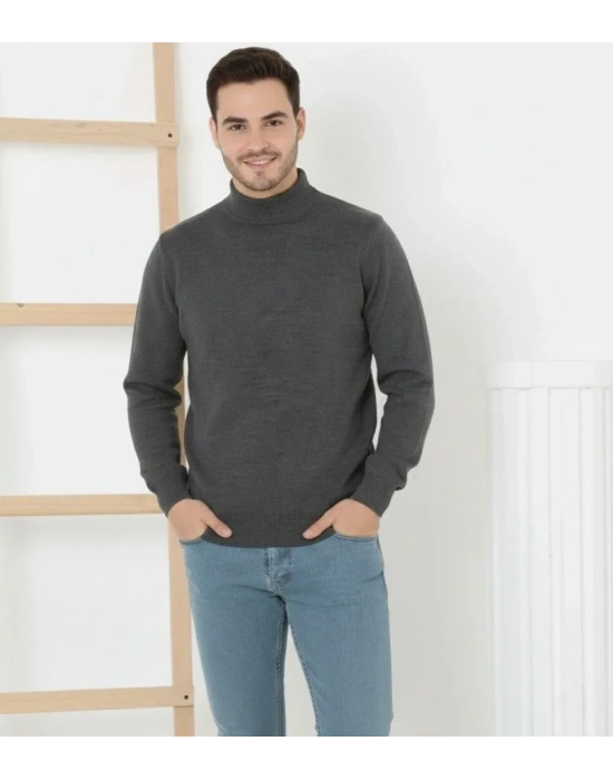 Erkek Yarım Boğaz Triko Kazak Yumuşak Dokulu Pamuklu Ince Dokuma, Uzun Kollu Rahat Regular Kalıp  Füme