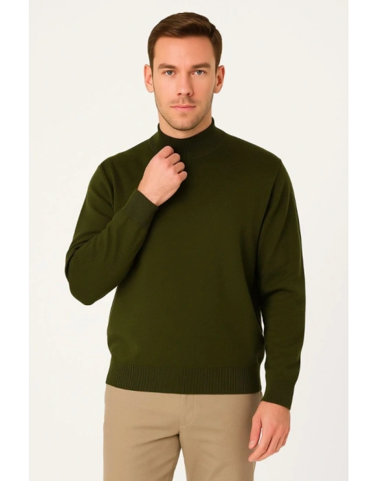 Erkek Yarım Boğaz Triko Kazak Yumuşak Dokulu Pamuklu Ince Dokuma, Uzun Kollu Rahat Regular Kalıp  Haki