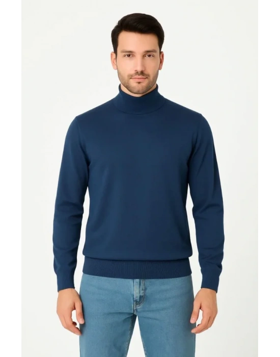 Erkek Yarım Boğaz Triko Kazak Yumuşak Dokulu Pamuklu Ince Dokuma, Uzun Kollu Rahat Regular Kalıp  İndigo