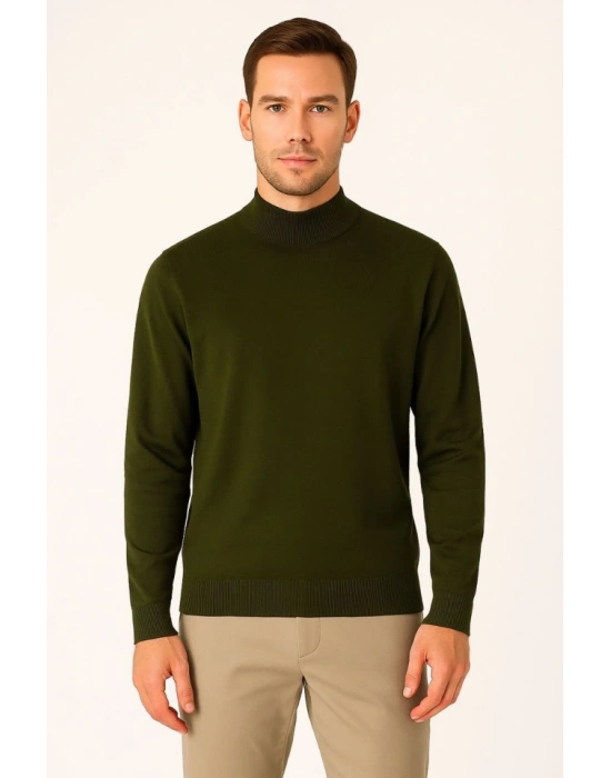 Erkek Yarım Boğaz Triko Kazak Yumuşak Dokulu Pamuklu Ince Dokuma, Uzun Kollu Rahat Regular Kalıp  Haki