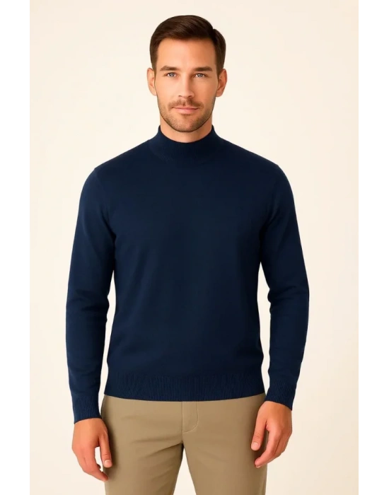 Erkek Yarım Boğaz Triko Kazak Yumuşak Dokulu Pamuklu Ince Dokuma, Uzun Kollu Rahat Regular Kalıp  acivert