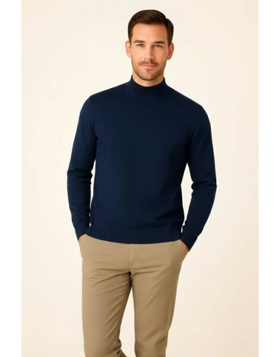 Erkek Yarım Boğaz Triko Kazak Yumuşak Dokulu Pamuklu Ince Dokuma, Uzun Kollu Rahat Regular Kalıp  acivert