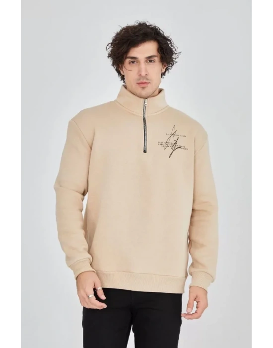 Erkek Yarım Fermuarlı Baskılı weat  Bej