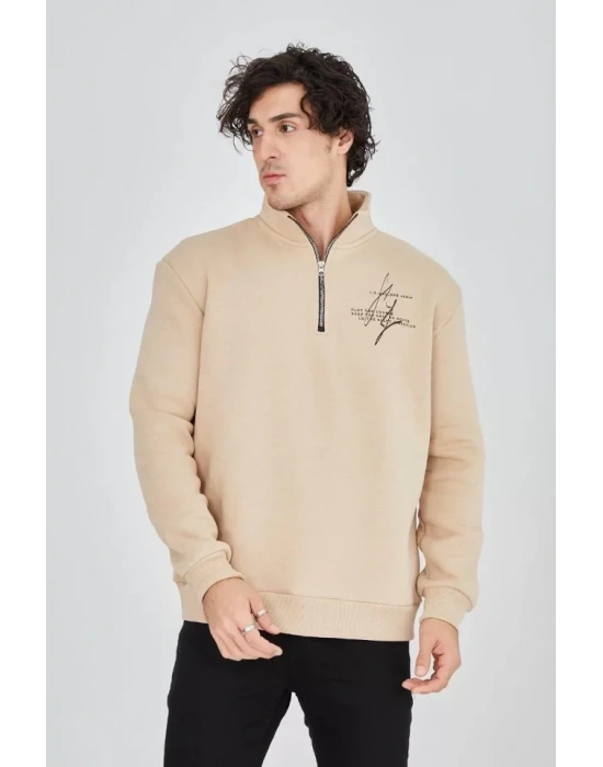 Erkek Yarım Fermuarlı Baskılı weat  Bej