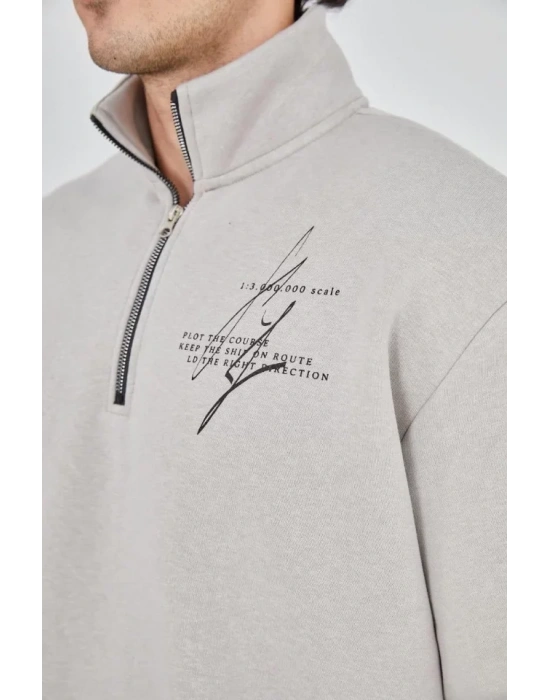 Erkek Yarım Fermuarlı Baskılı weat  Boyalı Gri