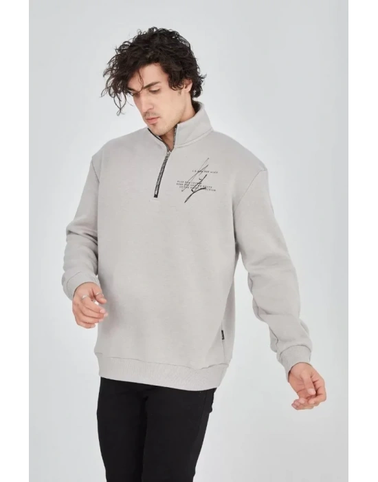 Erkek Yarım Fermuarlı Baskılı weat  Boyalı Gri