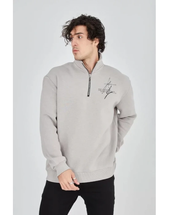 Erkek Yarım Fermuarlı Baskılı weat  Boyalı Gri