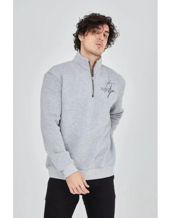 Erkek Yarım Fermuarlı Baskılı weat  Gri