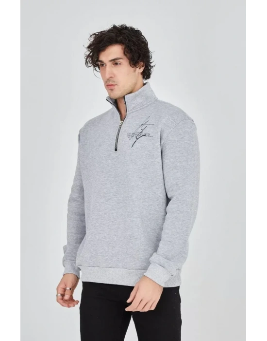 Erkek Yarım Fermuarlı Baskılı weat  Gri