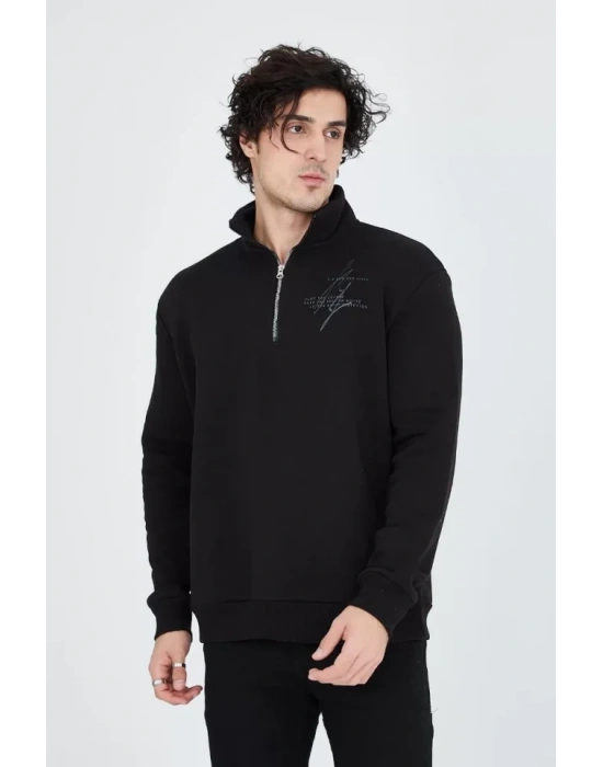 Erkek Yarım Fermuarlı Baskılı weat  iyah