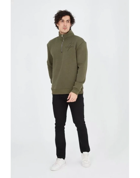 Erkek Yarım Fermuarlı Baskılı weat  Yeşil