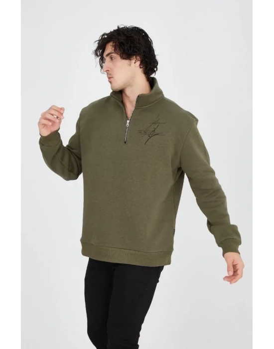 Erkek Yarım Fermuarlı Baskılı weat  Yeşil