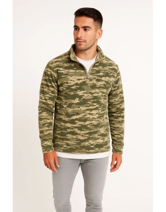 Erkek Yarım Fermuarlı Desenli Polar Sweat – Haki Kamuflaj Yakalı, Uzun Kollu, Oversize Rahat Kalıp  Haki