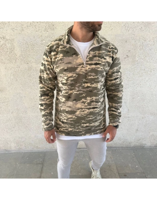 Erkek Yarım Fermuarlı Desenli Polar Sweat – Haki Kamuflaj Yakalı, Uzun Kollu, Oversize Rahat Kalıp  Haki